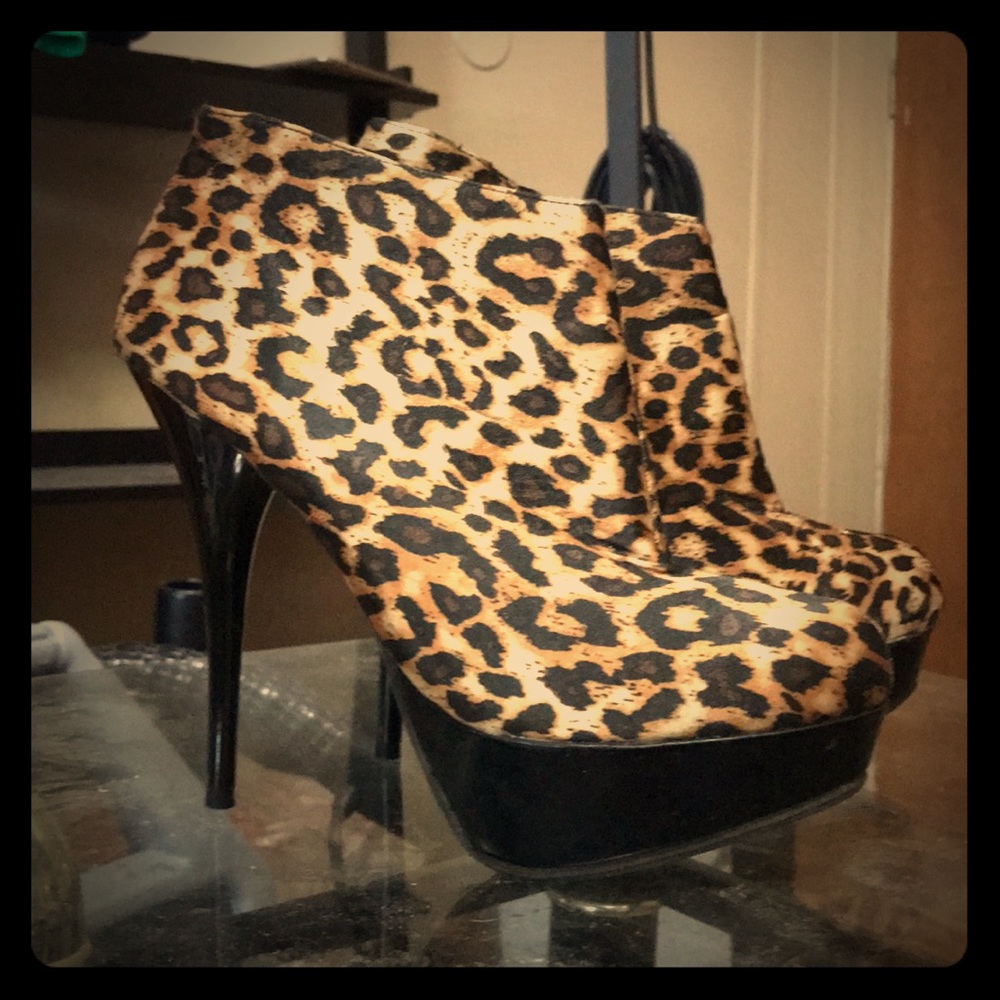 Leopard high heel booties.